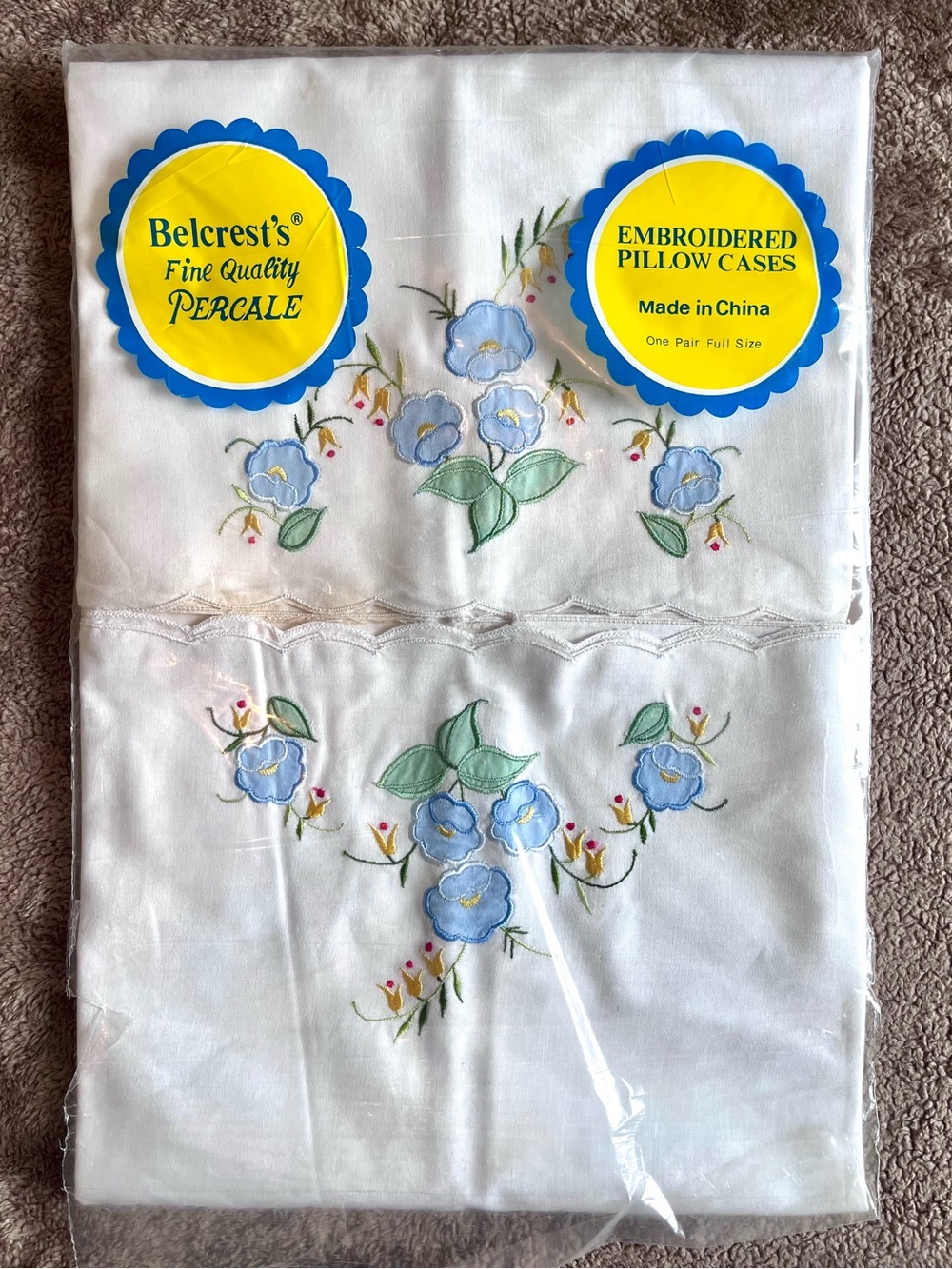 Vtg Belcrest Embroidered Pillow Cases White Blue Floral Percale Cotton NOS